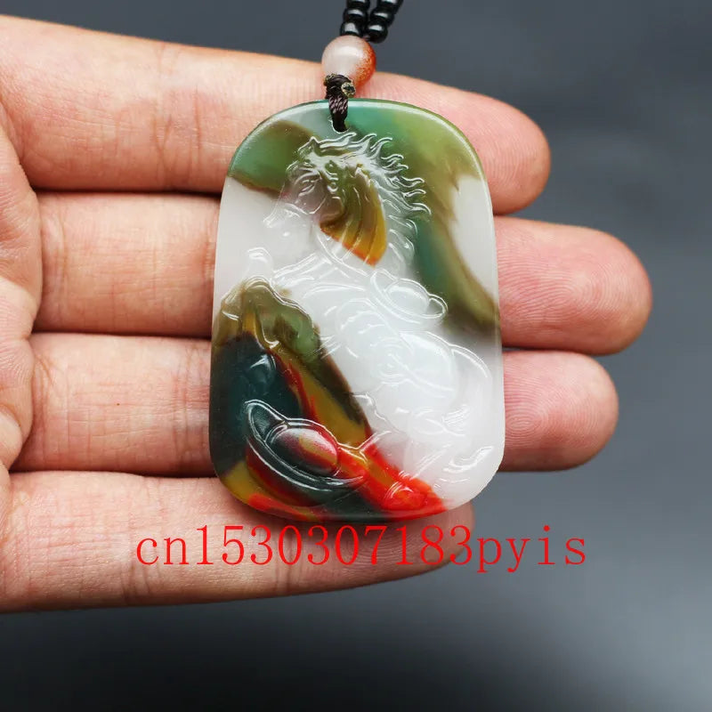 Chinese Hand-Carved Jade Horse Pendant Necklace Luck Charm Jadeite Jewelry