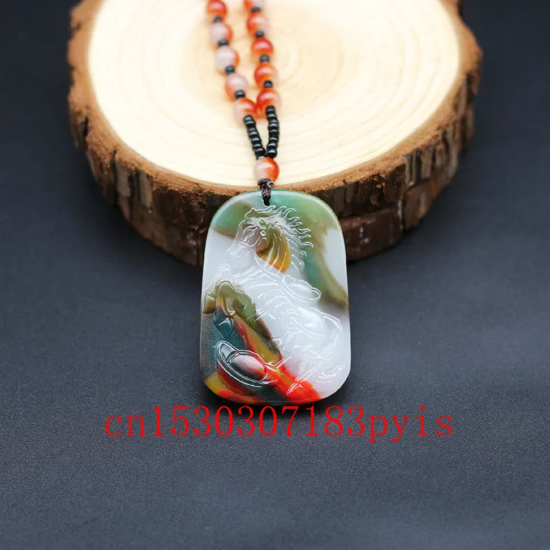 Chinese Hand-Carved Jade Horse Pendant Necklace Luck Charm Jadeite Jewelry