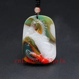 Chinese Hand-Carved Jade Horse Pendant Necklace Luck Charm Jadeite Jewelry