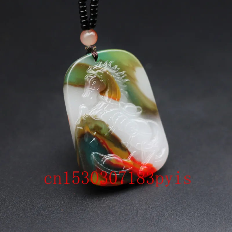 Chinese Hand-Carved Jade Horse Pendant Necklace Luck Charm Jadeite Jewelry