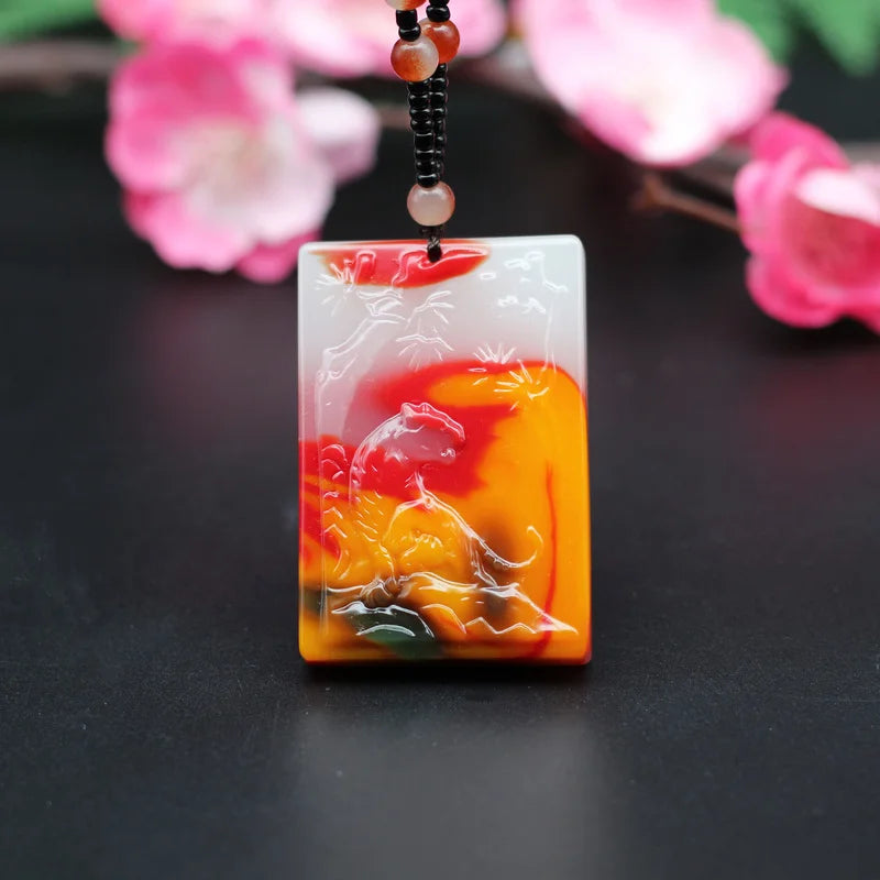 Hand-Carved Natural Jade Tiger Pendant Necklace Beads Chinese Charm Jewelry