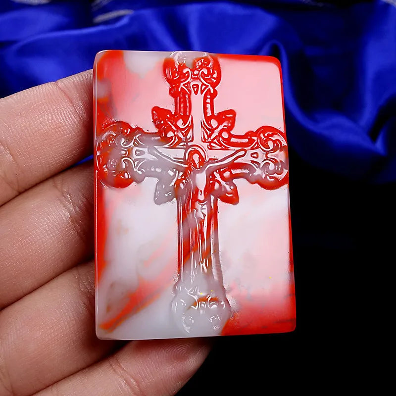 Natural Jade Hand Carved Cross Pendant Colorful Chicken Blood Necklace