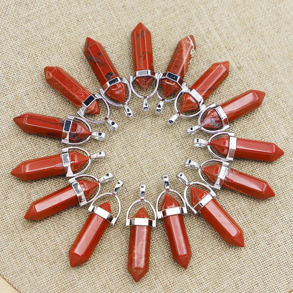 Red Stone Pillar Point Pendant Hexagonal Column Necklace Jewelry Making