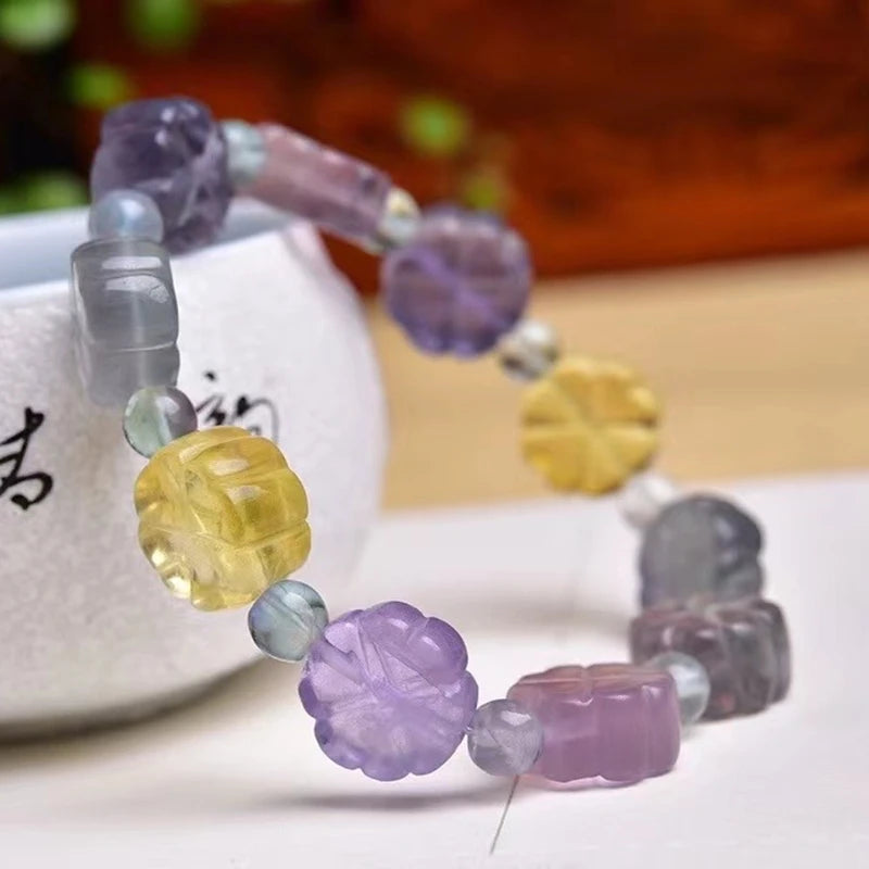 Colorful Fluorite Crystal Flower Carved Beads Bracelet 13mm