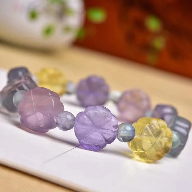 Colorful Fluorite Crystal Flower Carved Beads Bracelet 13mm