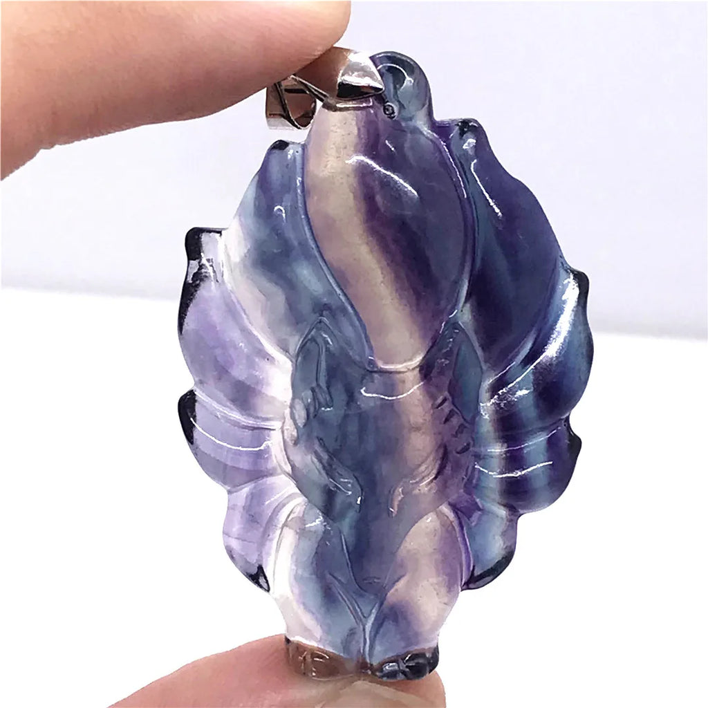 Colorful Fluorite Necklace Fox Pendant Crystal Silver Stone Jewelry