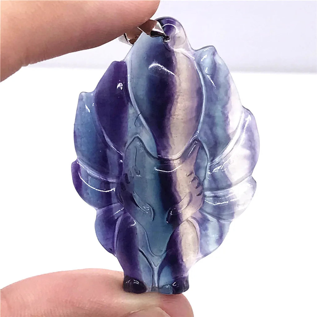 Colorful Fluorite Fox Pendant Necklace Crystal Stone Jewelry AAAAA