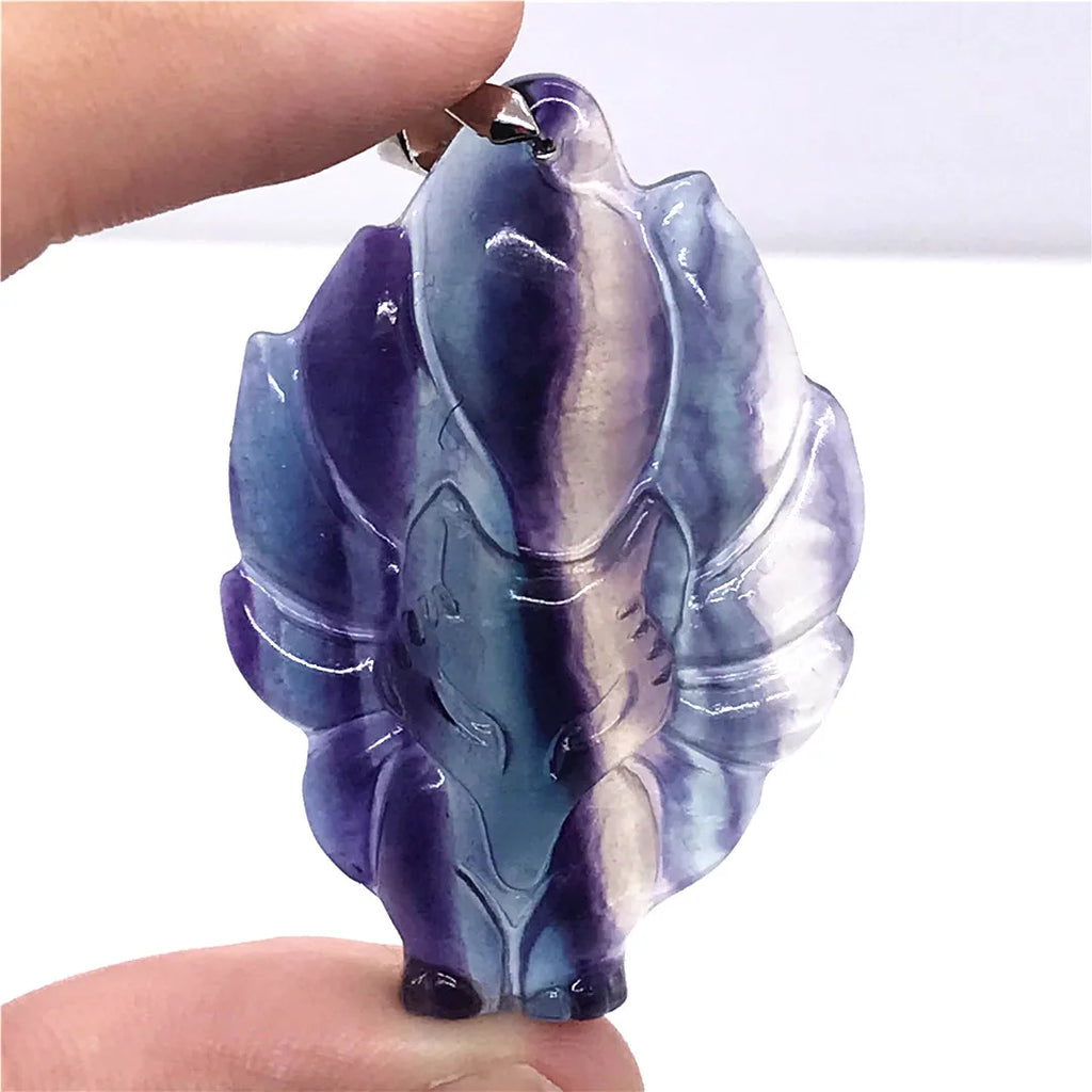 Colorful Fluorite Fox Pendant Necklace Crystal Stone Jewelry AAAAA