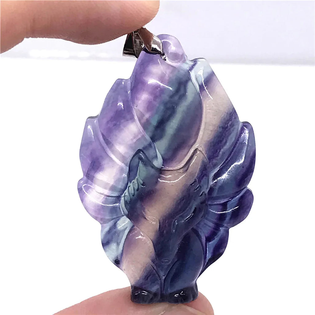 Colorful Fluorite Fox Necklace Pendant - Crystal Silver Beads