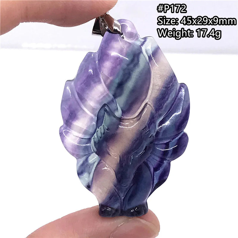 Colorful Fluorite Fox Necklace Pendant - Crystal Silver Beads