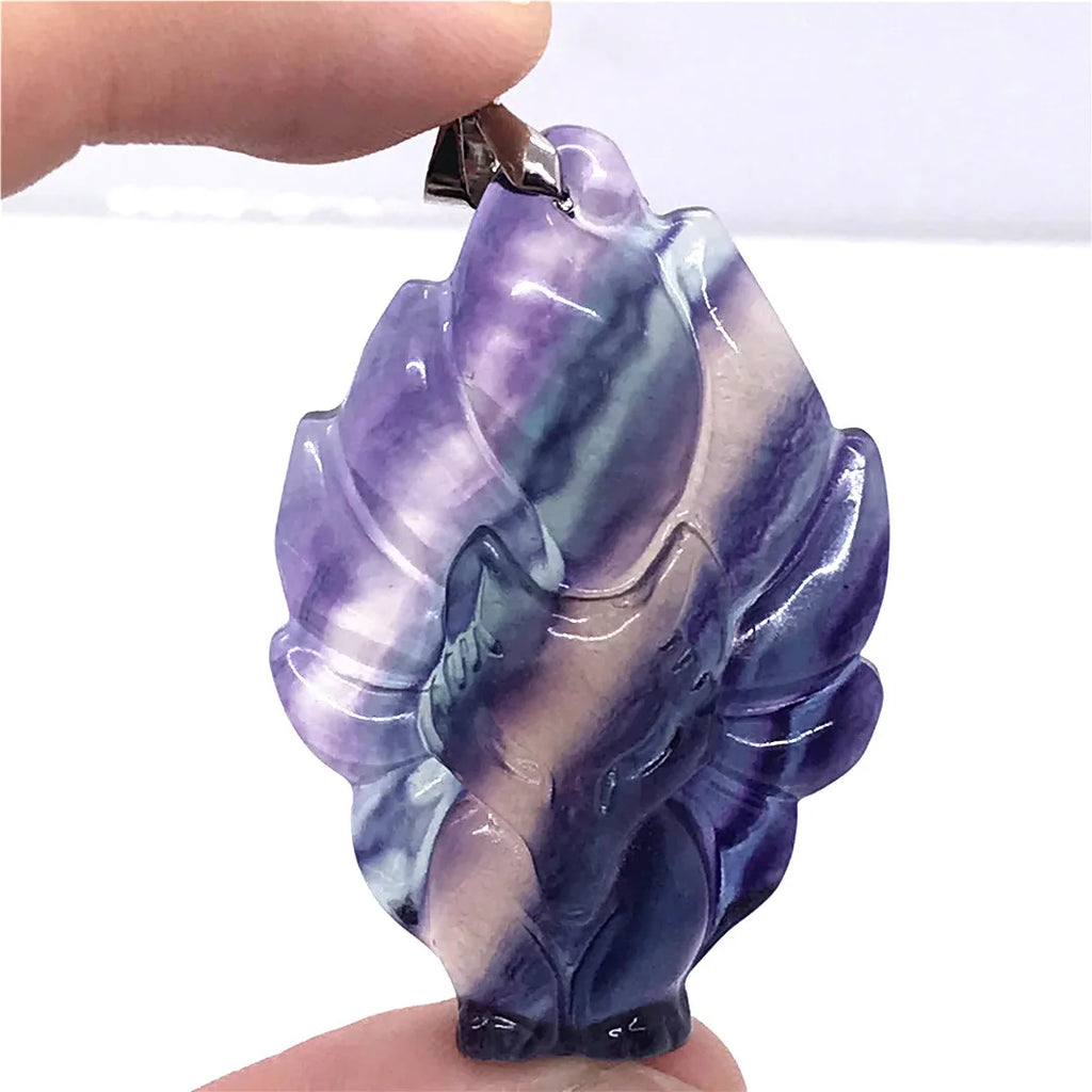 Colorful Fluorite Fox Necklace Pendant - Crystal Silver Beads