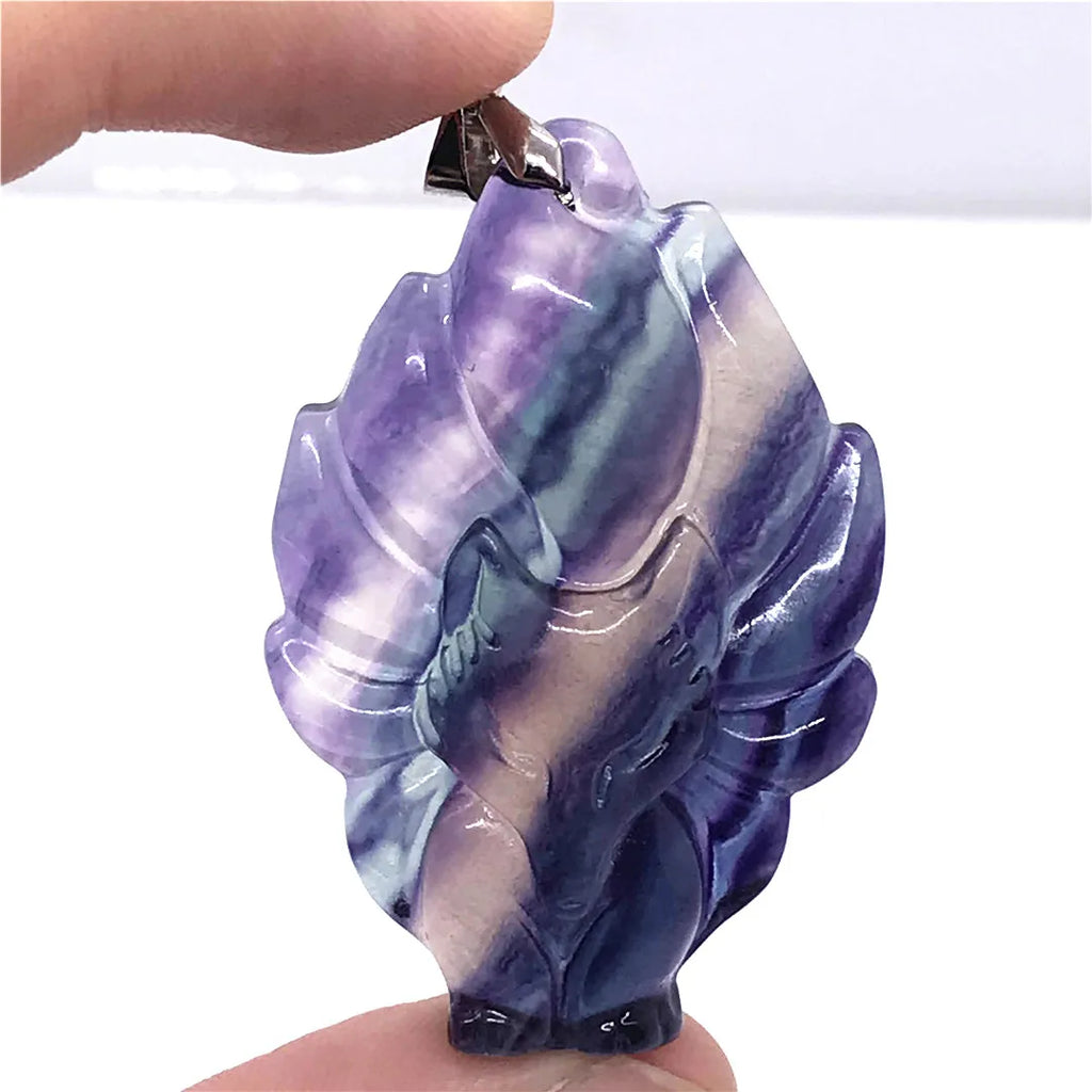 Colorful Fluorite Fox Necklace Pendant - Crystal Silver Beads