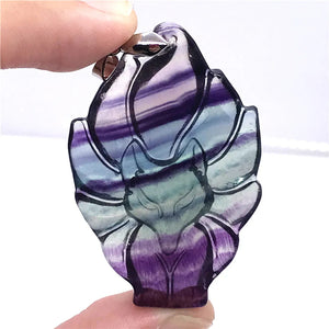 Colorful Fluorite Fox Pendant Healing Crystal Silver Jewelry