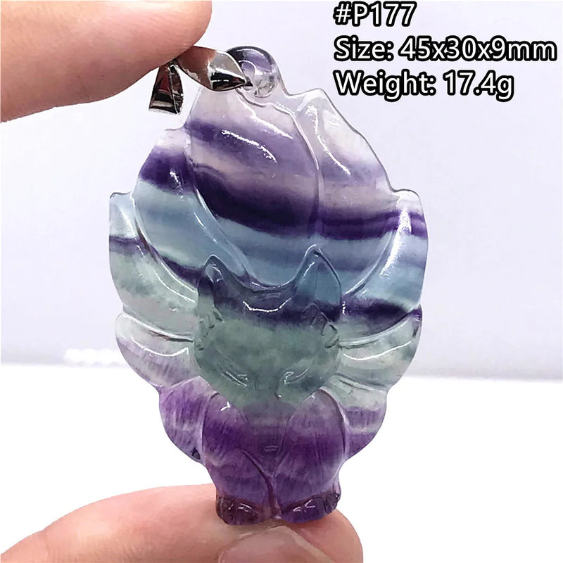 Colorful Fluorite Fox Pendant Healing Crystal Silver Jewelry