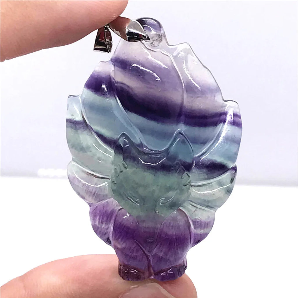 Colorful Fluorite Fox Pendant Healing Crystal Silver Jewelry