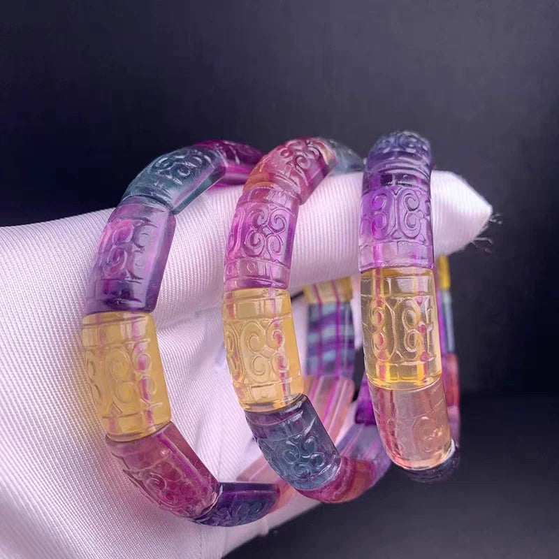 Colorful Fluorite Quartz Clear Beads Bracelet 17x13mm Carved Fluorite AAAAA