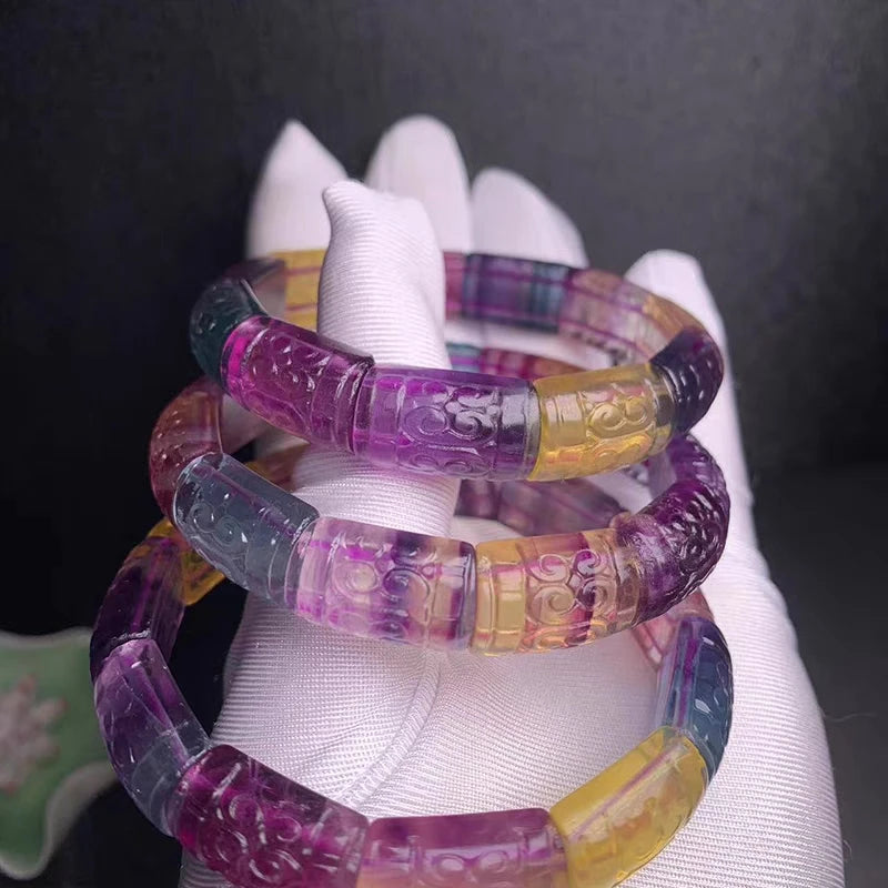 Colorful Fluorite Quartz Clear Beads Bracelet 17x13mm Carved Fluorite AAAAA