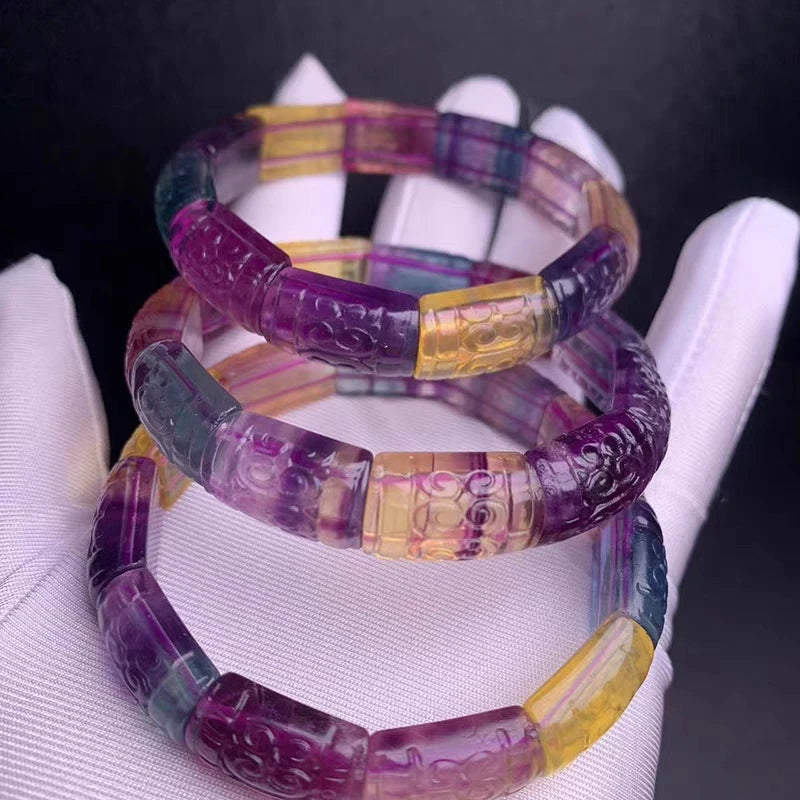 Colorful Fluorite Quartz Clear Beads Bracelet 17x13mm Carved Fluorite AAAAA