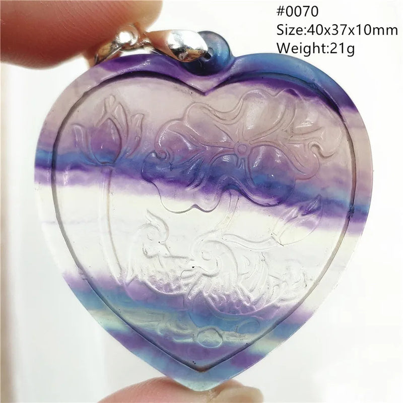 Heart Flower Carved Fluorite Pendant 40x37x10mm