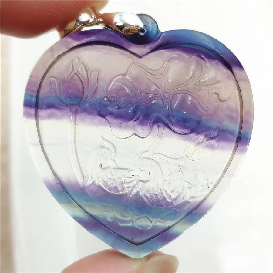 Heart Flower Carved Fluorite Pendant 40x37x10mm