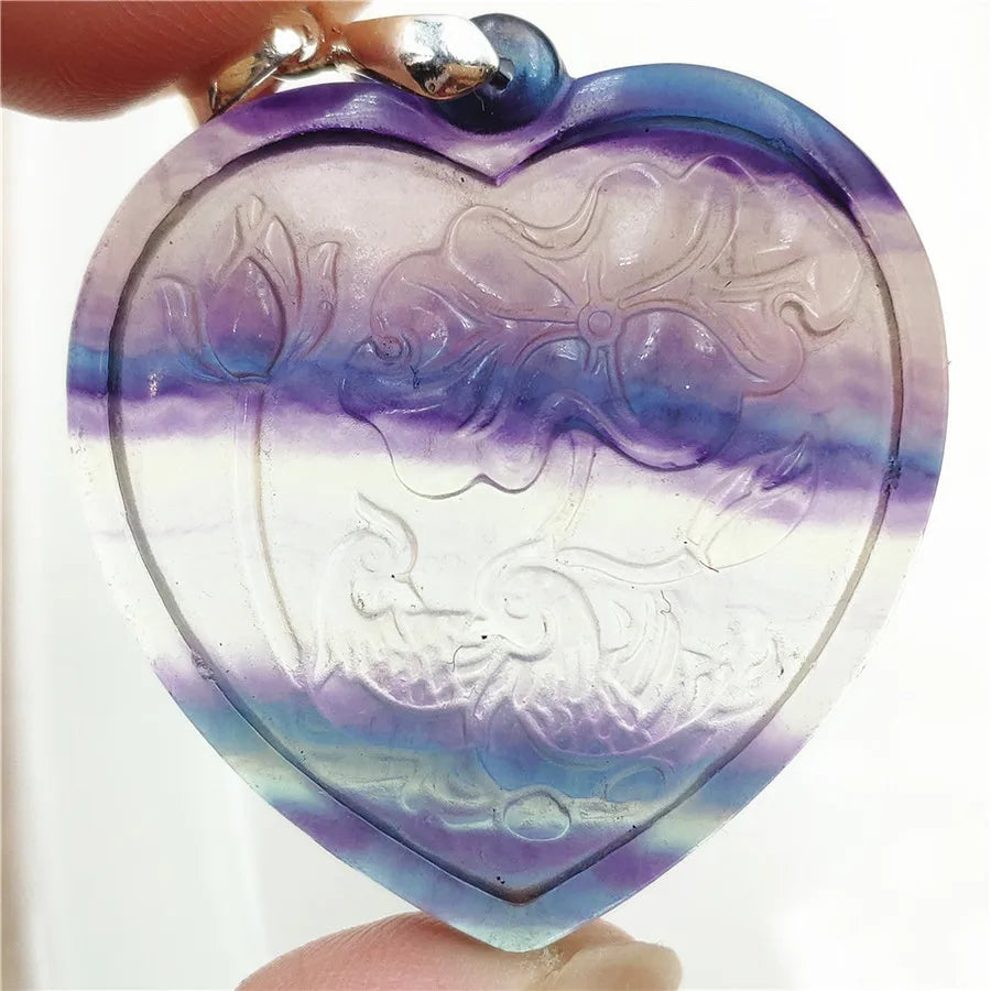 Heart Flower Carved Fluorite Pendant 40x37x10mm