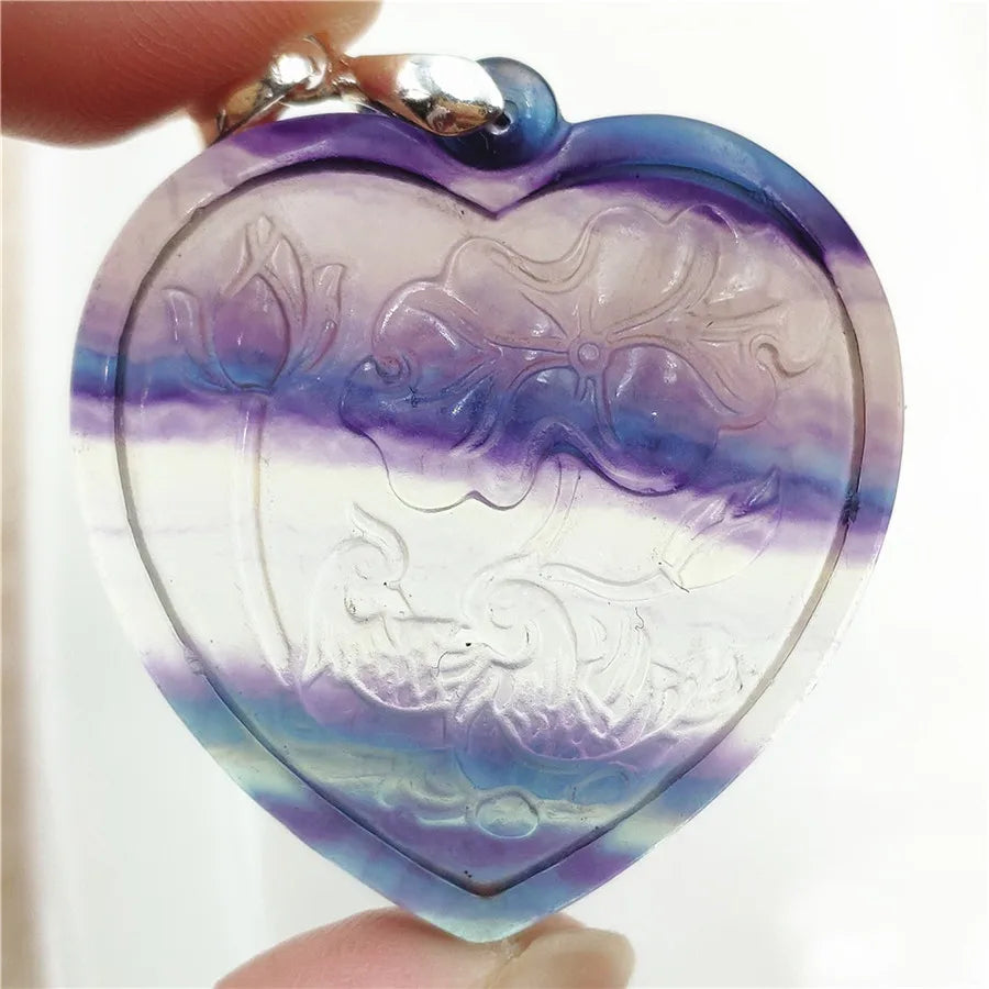 Heart Flower Carved Fluorite Pendant 40x37x10mm