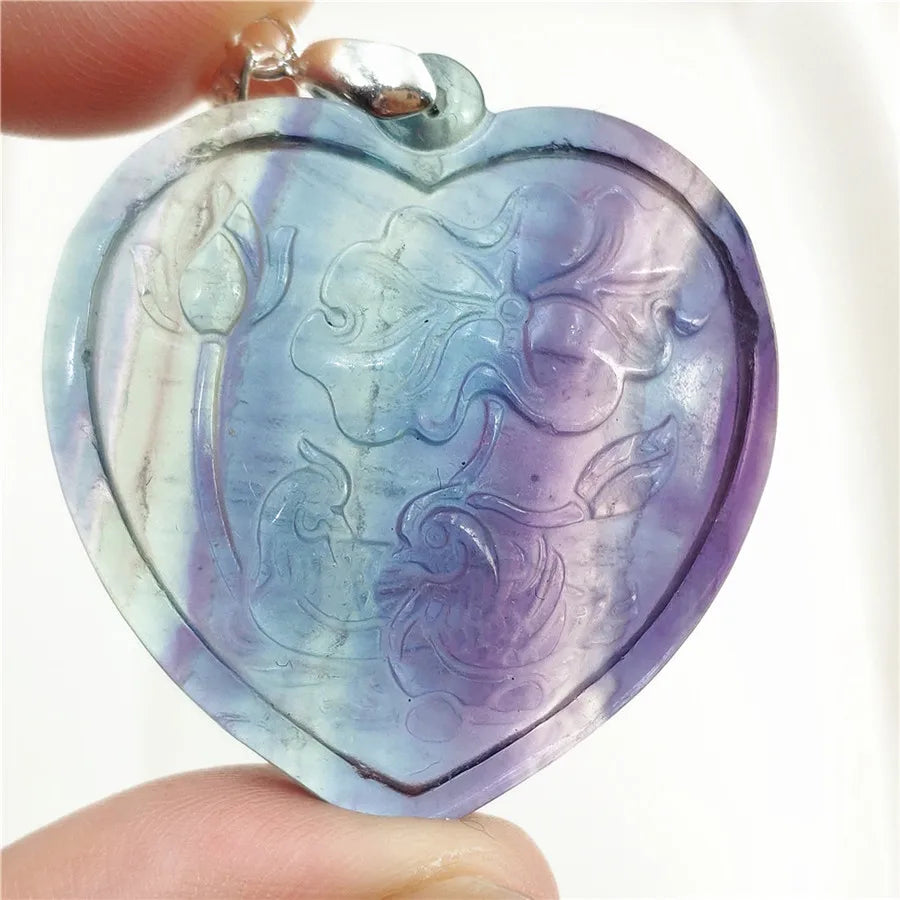 Colorful Fluorite Quartz Heart Pendant Necklace