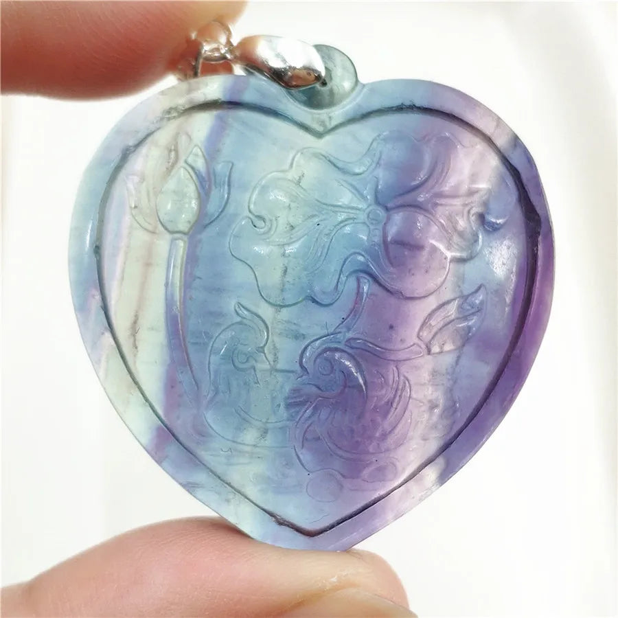 Colorful Fluorite Quartz Heart Pendant Necklace