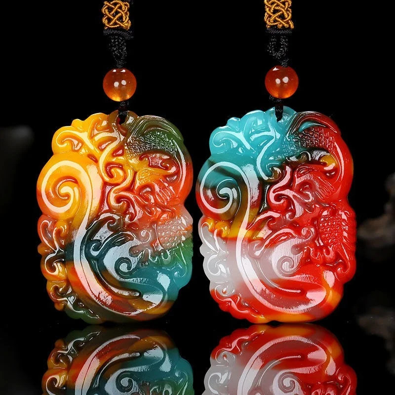 Colorful Jade Dragon and Phoenix Pendant Sweater Chain Jewelry