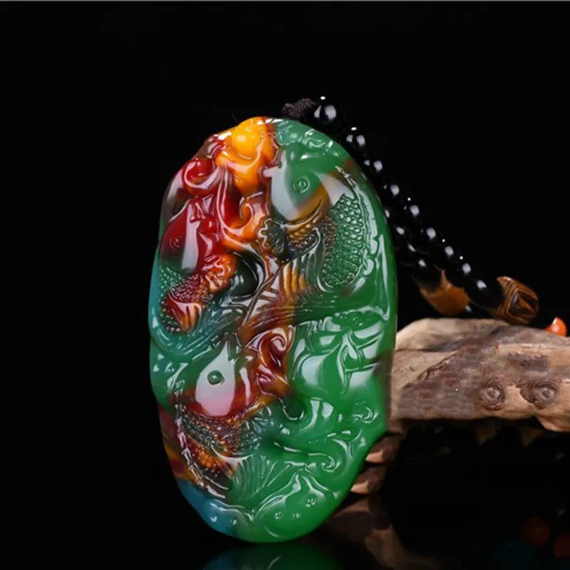 Colorful Jade Hand-carved Carp Pendant Fish Necklace
