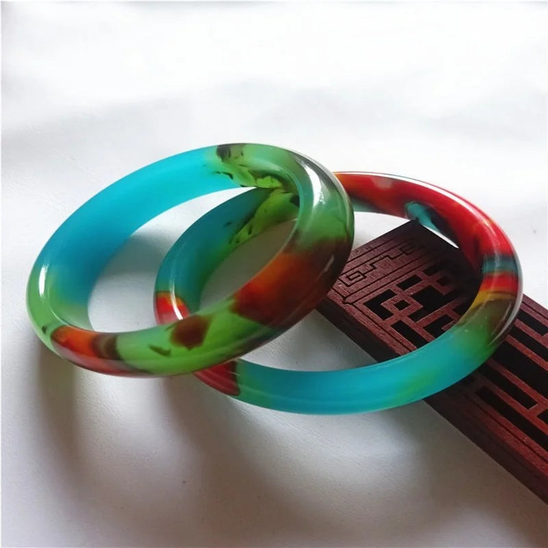 Natural Colorful Jade Hand-carved Wide Band Bracelet Boutique Jewelry Women