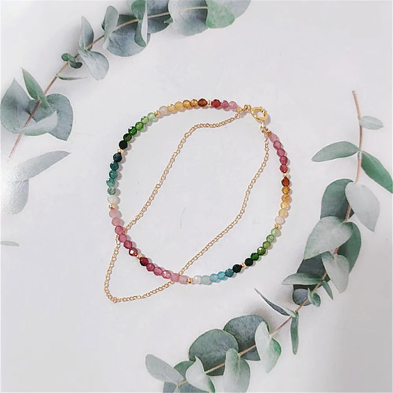 Colorful Mix Tourmaline Bead Bracelet 14K Filled Chain Double Layer