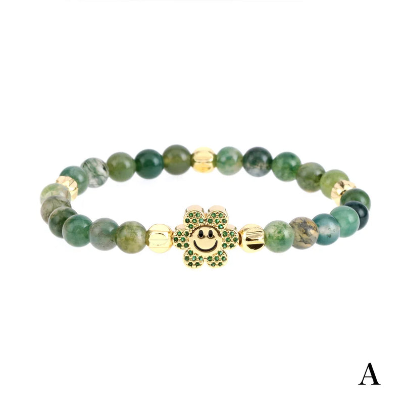 Colorful Stone Beaded Bracelet with Micro Pave Zirconia Flowers