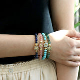 Colorful Stone Beaded Bracelet with Micro Pave Zirconia Flowers