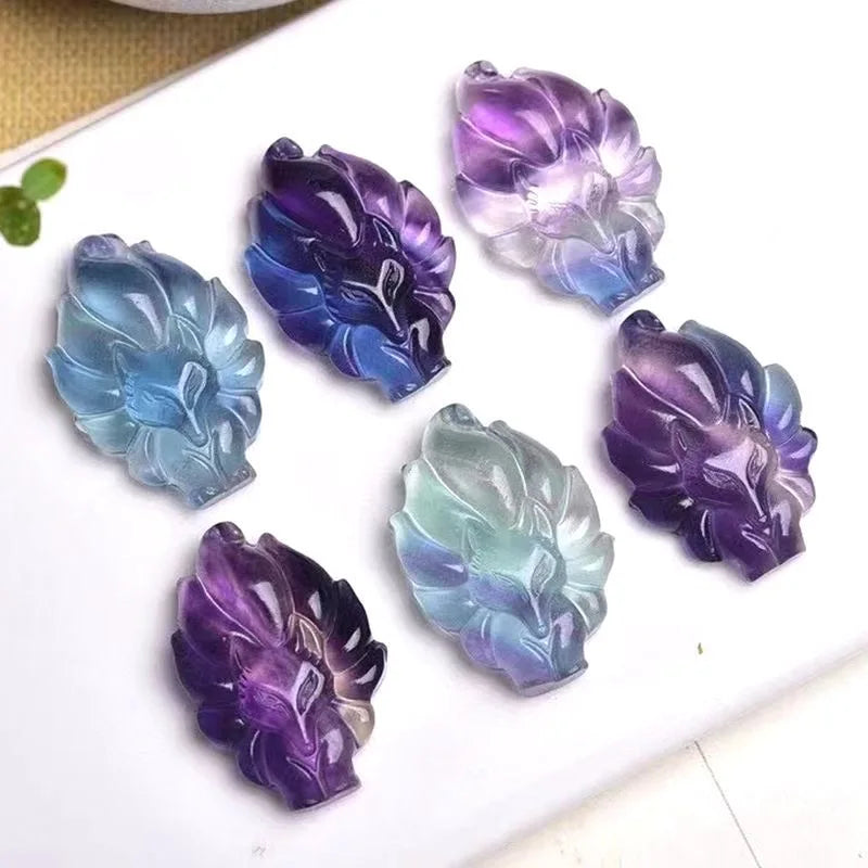 Colorful Fluorite Nine Tail Fox Pendant Necklace Hand-Carved Amulet