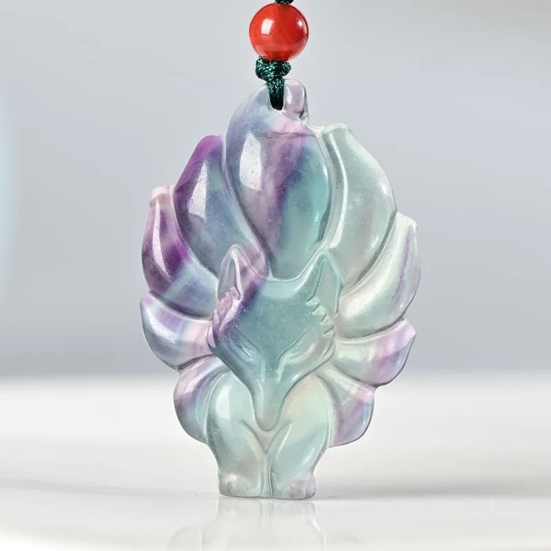 Colorful Fluorite Nine Tail Fox Pendant Necklace Hand-Carved Amulet