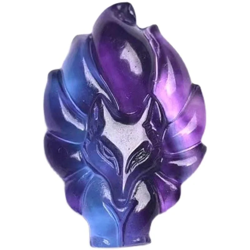 Colorful Fluorite Nine Tail Fox Pendant Necklace Hand-Carved Amulet