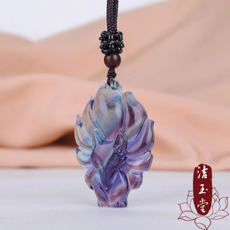Colorful Fluorite Nine Tail Fox Pendant Necklace Hand-Carved Amulet