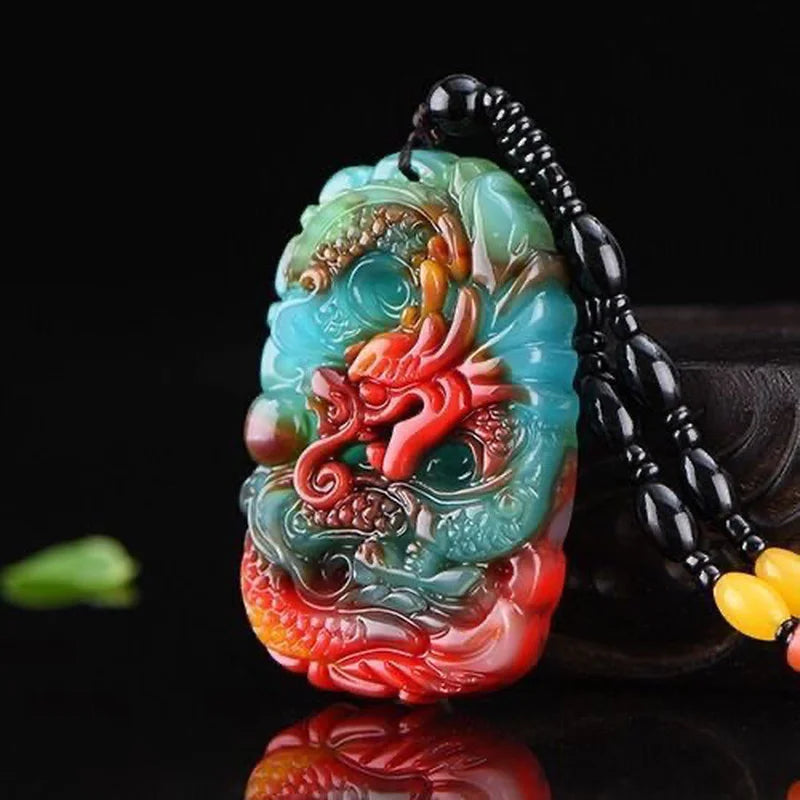 Natural Jade Dragon Pendant Necklace Chinese Charm Luck Amulet