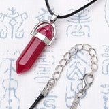 Natural Crystal Hexagonal Column Pendant Leather Necklace Men Women Jewelry