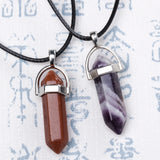 Natural Crystal Hexagonal Column Pendant Leather Necklace Men Women Jewelry
