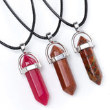 Natural Crystal Hexagonal Column Pendant Leather Necklace Men Women Jewelry