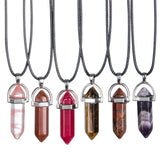 Natural Crystal Hexagonal Column Pendant Leather Necklace Men Women Jewelry