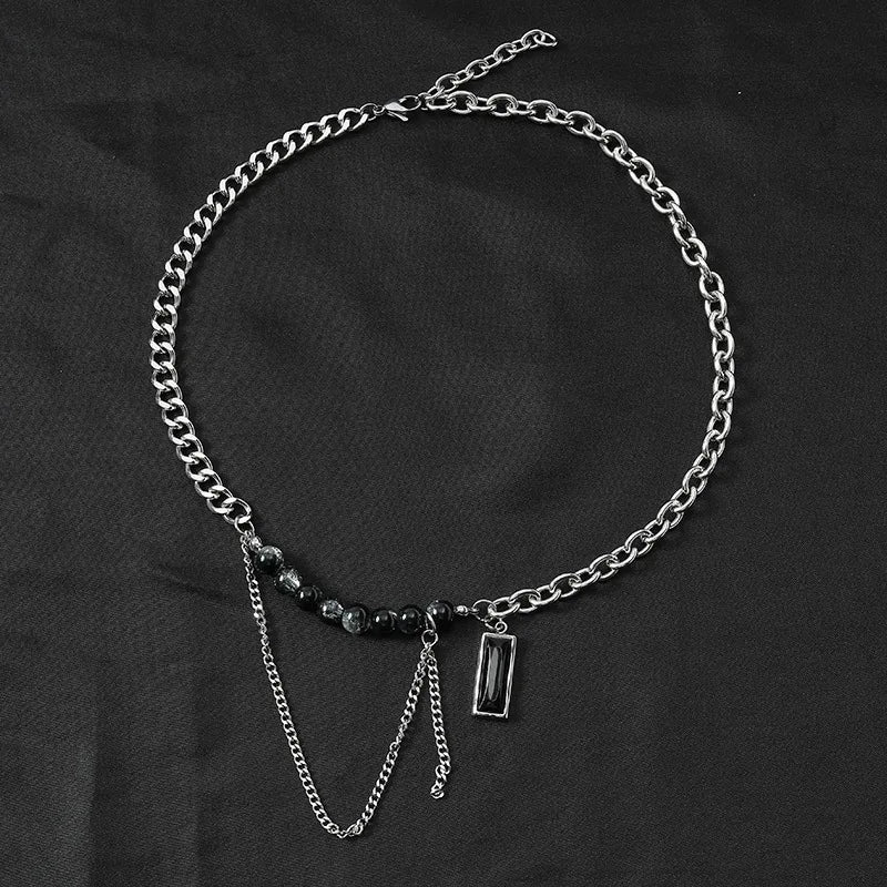 Crystal Crack Beads Double Layer Chain Tassel Mens Necklace Pendant Man Jewelry