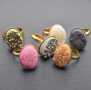 Natural Crystal Druzy Finger Ring Charm Plating Geode Gem Stone Oval Rings