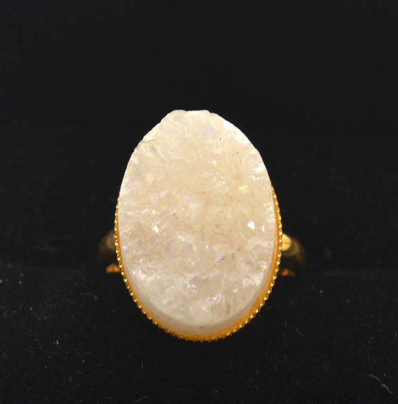 Natural Crystal Druzy Finger Ring Charm Plating Geode Gem Stone Oval Rings