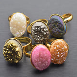Natural Crystal Druzy Finger Ring Charm Plating Geode Gem Stone Oval Rings