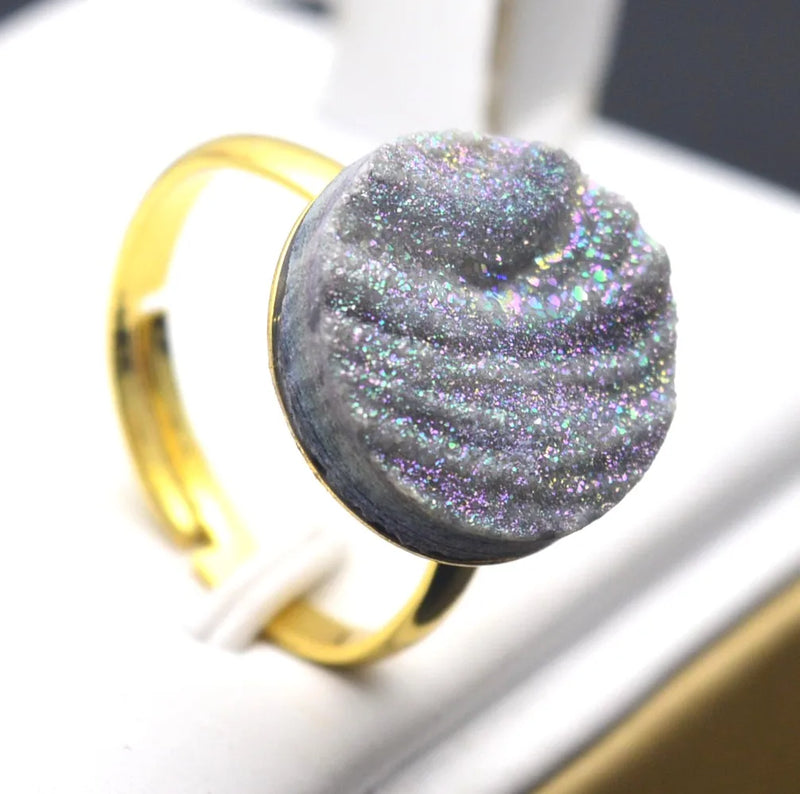 Golden Plated Druzy Finger Ring with Gray Crystal Mineral Gemstone