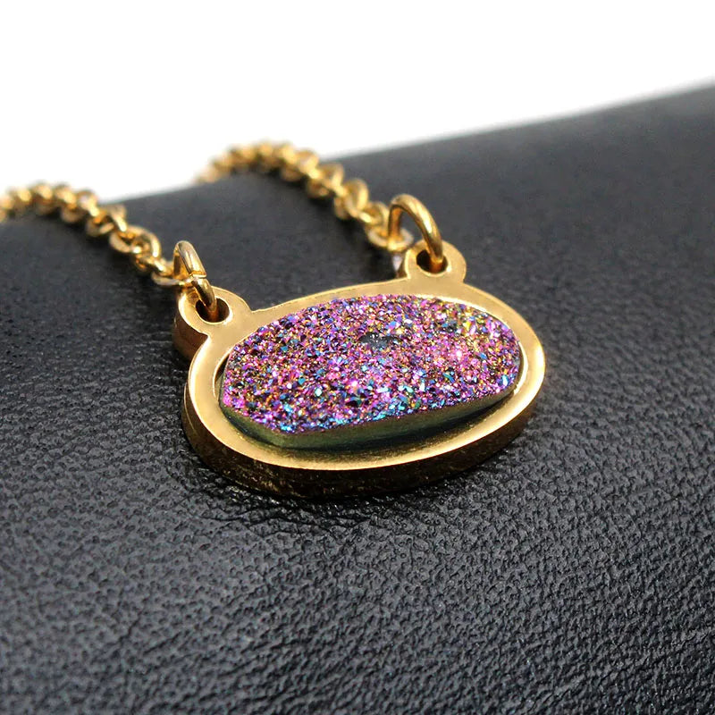 Crystal Druzy Stainless Steel Pendant Necklace Reiki Healing Quartz Choker