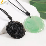 Natural Crystal Healing Stone Necklace Hand Carved Rose Flower Pendant
